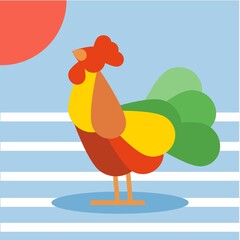 Rooster rainbow, vector illustration. Country bird with a scallop. Cookerel theme. Logo, signboard, emblem for market shops. Livestock, poultry. Drawing of postcard, poster, signboard. Advertising.