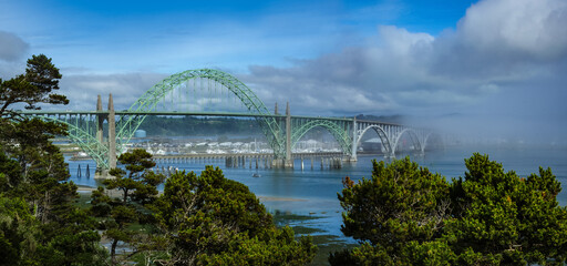yaquina bay bridge with fog rolling in