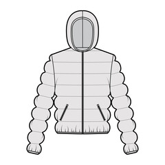 Hooded jacket Down puffer coat technical fashion illustration with zip-up closure, pockets, oversized, classic quilting. Flat template front, grey color style. Women, men, unisex top CAD mockup