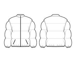 Down puffer coat jacket technical fashion illustration with stand collar, zip-up closure, boxy fit, hip length, wide quilting. Flat template front, back, white color. Women, men, unisex top CAD mockup