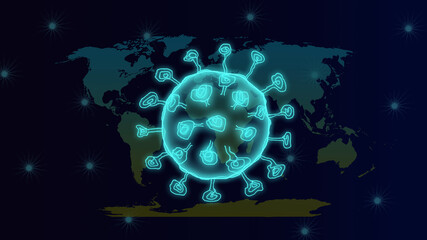 3d illustration transparent covid-19 virus model or coronavirus case of respiratory epidemic or damage the lungs on world map background