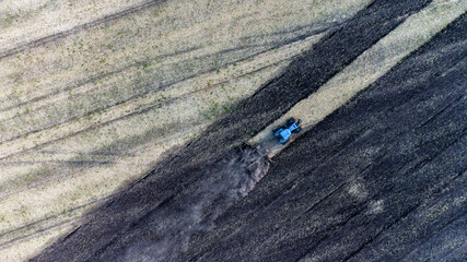Tractor cultivates the land in the field after harvesting wheat and corns in mid-summer