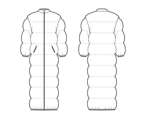 Puffer quilted shell down coat jacket technical fashion illustration with long sleeves, stand collar, maxi length, zip-up closure, pockets. Flat template front, back, white color. Women men CAD mockup