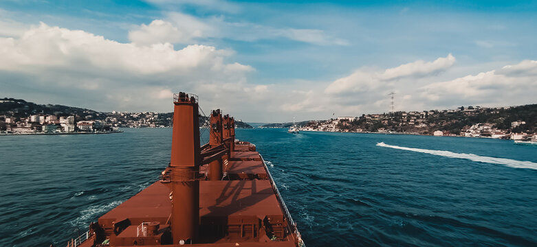 Istanbul Strait with Bulk Carrier Cargo Ship, approaching to boğaziçi bridge 