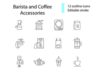 Coffee shop accessories line icons set. Coffee beans. Editable stroke. Isolated vector stock illustration