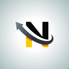 Arrow letter N logo design, creative letter mark suitable for company brand identity, business chart/graph logo template swoosh logo, black and yellow concept.