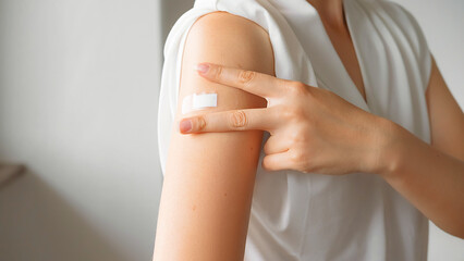 Unrecognized Vaccinated Woman Showing Arm With Medical Patch Plaster After Covid-19 Vaccine Injection. Coronavirus Vaccination Advertisement Campaign. Vaccine Sign Done