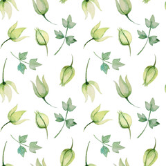 Seamless patterns. Watercolor drawing. Delicate buds with leaves.