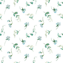 Seamless patterns. Watercolor drawing. Green peas with flowers.