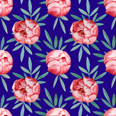 Seamless patterns. Watercolor drawing. Bright red flowers of peonies on a blue background.