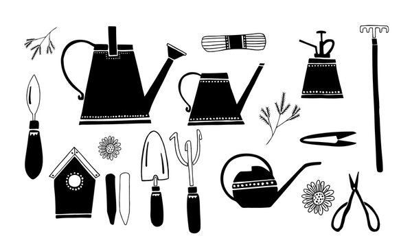 A set of vector images of garden tools for watering and care. Black on a white background. Hand drawing. Doodle