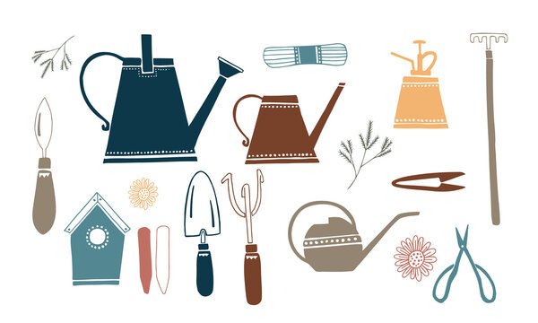 A set of vector images of garden tools for watering and care. Colored on a white background. Hand drawing. Doodle