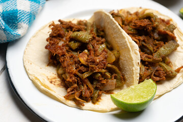 Mexican food. Chilorio and nopales tacos on white background