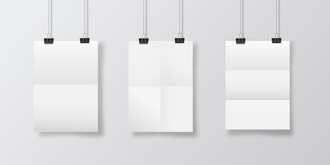 Abstract poster design with hanging folded papers. Hanging A4 paper poster mockup.
