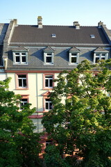 Fototapeta na wymiar Schöner sanierter Altbau mit Mansarden und Dachgauben im Sommer bei Sonnenschein nun einer Allee im Nordend von Frankfurt am Main in Hessen