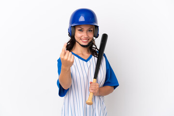 Baseball Russian girl player with helmet and bat isolated on white background doing coming gesture