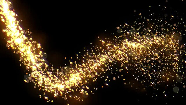 Golden glitter flight with sparkling light. Shining Christmas gold particles and sparkles intro template on black background. Luxury magic festive effect with bokeh and glow. Dust trail 3D render