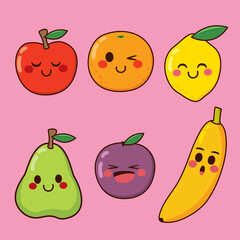 Cute colorful black line art fruit characters collection