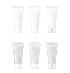 Realistic plastic tube mockups with different caps. Front view. Vector illustration isolated on white background. Can be use for your design, advertising, promo and etc. EPS10.