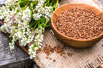 Dry uncooked buckwheat in wooden plate. Food for raw food and vegans. Ingredient for healthy food for weight loss.
