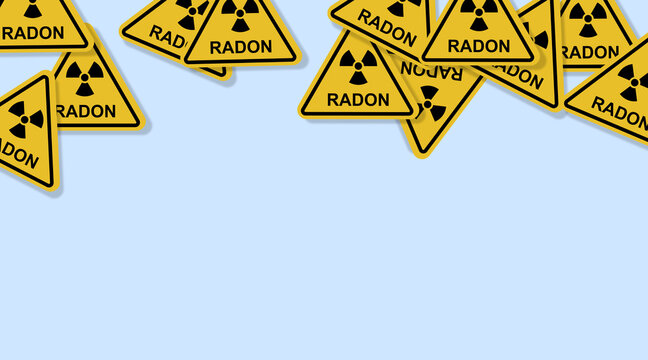 RADON gas, a CONTAMINANT that affects indoor air quality. Yellow triangular signs at the top of dangerous natural pollutant. Illustration with space for possible design. Severe alert message.