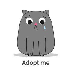 Cat thick gray little sad crying a big tear on the face, below the inscription Adopt me, isolated on white background. International Homeless Animals Day. Dont buy, adopt a pet. Vector illustration