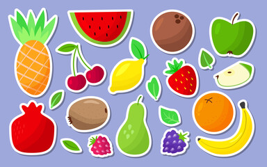 Fruit and berry cartoon sticker label icon set for design. Watermelon, strawberry, pear, kiwi, pineapple, blackberry, raspberry, lemon, pomegranate, coconut, apple slice and cherry orange banana