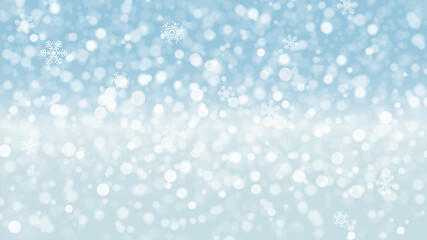 雪の結晶と玉ボケのある背景、キラキラした水色のグラデーション、アスペクト比16:9