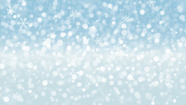 雪の結晶と玉ボケのある背景、キラキラした水色のグラデーション、アスペクト比16:9