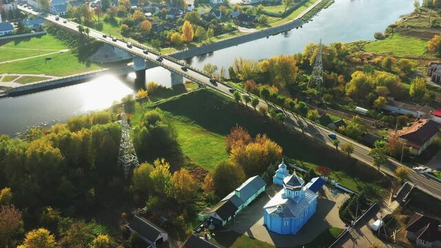 Kobryn, Brest Region, Belarus. Cityscape Skyline In Autumn Sunny Day. Bird's-eye View Of St. Nicholas Church And Church of St. Alexander Nevsky. Famous Historic Landmark