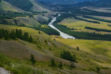 Obraz premium picturesque view of pure rapid river flowing among mountains at summer day 
