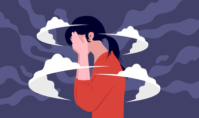 Woman burnout - Dizzy female person with hands covering face feeling depressed and anxiety. Mental health concept, vector illustration - obrazy, fototapety, plakaty