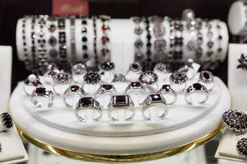 Necklace from Czech garnet stone in a jewelry store. High quality photo