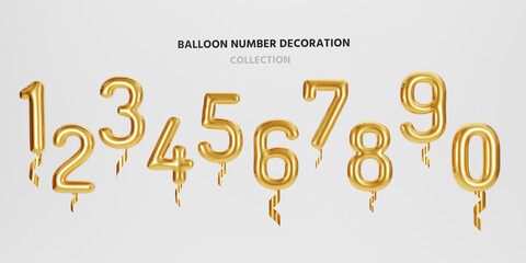 Isolate of metallic golden number balloon 0 to 9 on white background for decorate merry Christmas , Happy new year ,valentine's day and Birthday cerebration party by 3D rendering.