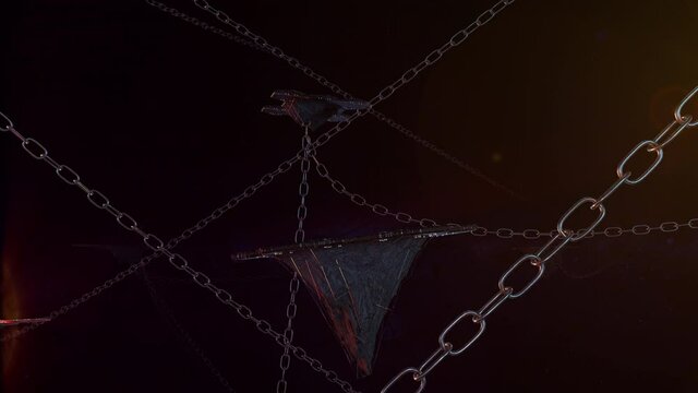 Flight through deep dark space seamless loop. Eerie cosmic structure with rusty heavy chains and derelict sci-fi platforms. Cosmic horror 3D animation with dim star and faraway stars. 4K background