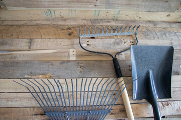 Garden tootls, rake and shovel, spade shovel and square shovel. All on a wooden background.
