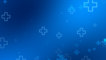 Abstract medical blue cross neon light shapes pattern background.
