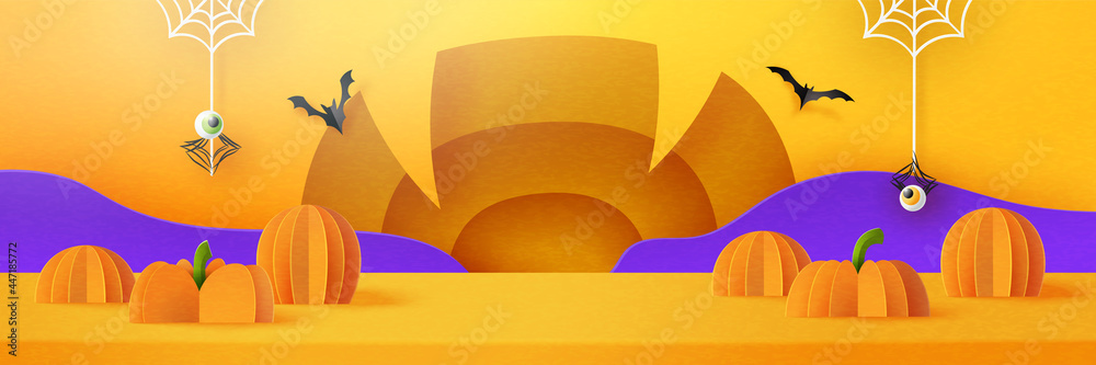 Aufkleber Halloween background design with product display.3d Paper art abstract minimal geometric shape template background.Vector illustration.