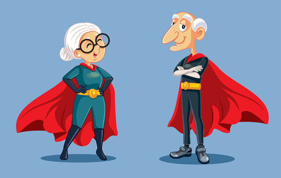Superhero Grandma and Grandpa Standing Together Vector Cartoon