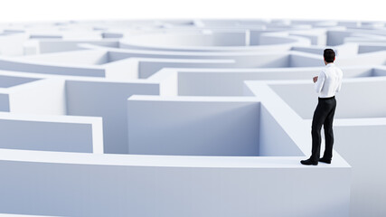 3D Rendering. 3D Businessman Standing in front of the maze. Success soncept.