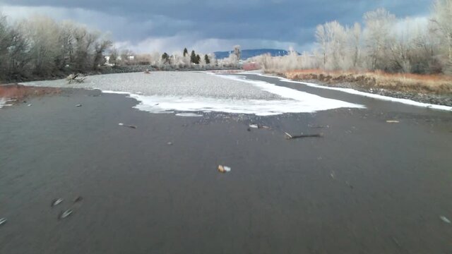Dead frozen yellowstone river Montana high plains aerial