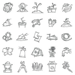 Gardening hand-drawn icon set, outline black, doodle icon, vector icon design.
