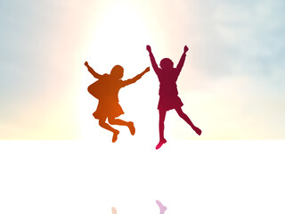 日本　ジャンプする2人の女子学生シルエット　カラフル　横
