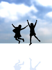 日本　ジャンプする2人の女子学生シルエット　黒　縦
