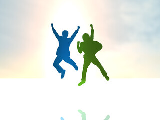 Fototapeta na wymiar 日本　ジャンプする2人の男子学生シルエット　カラフル　横