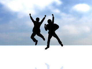 日本　ジャンプする2人の男子学生シルエット　黒　横