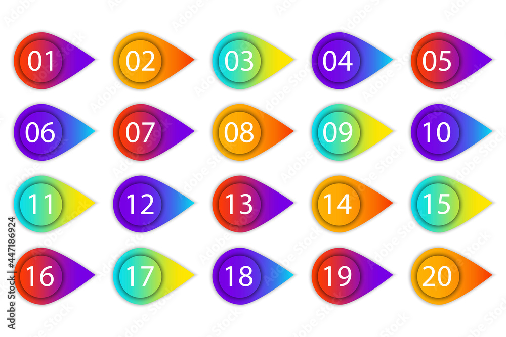 Poster bullet numbers. map pointer icon. pin point icon. arrow vector icon. vector graphic. 20 steps. vecto