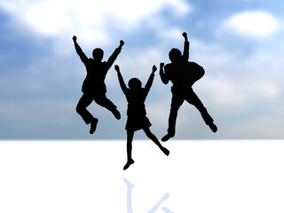 Fototapeta na wymiar 日本　ジャンプする3人の男女学生シルエット　黒　横