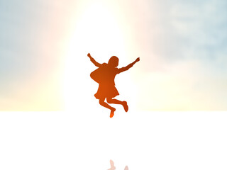 日本　ジャンプする女子学生シルエット1　カラフル　横