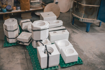 variety of plaster molds for the production of ceramic pieces
